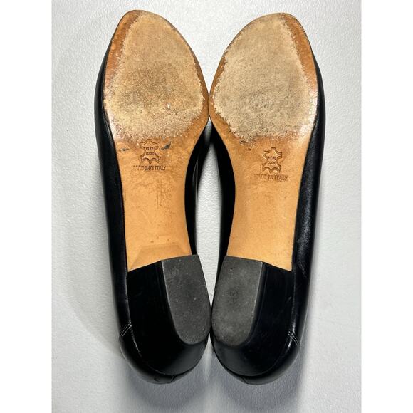 Salvatore Ferragamo Leather Pumps Heels 8 AAA Black Gold Script Logo Slip On - Picture 9 of 12